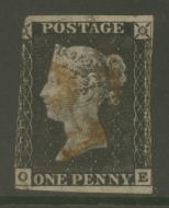 1840 1d Black SG 2 lettered O.E.  A Good Used example cancelled by a Red M/X.