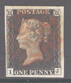 1840 1d Black SG 2 Plate 1b lettered I.J.  A Very Fine Used example with 4 Extra Large Margins