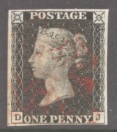 1840 1d Black SG 2 Plate 5 lettered D.J.  A Very Fine  Used example with 4 Good Margins Lightly cancelled by a Red M/X.