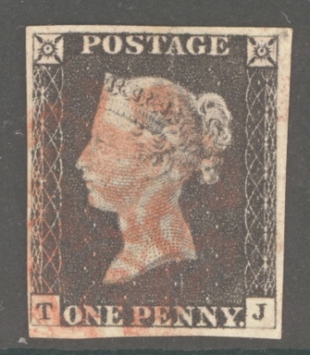 1840 1d Black SG 2 Plate 2 lettered T.J.  A Fine Used example with 4 clear to good margins