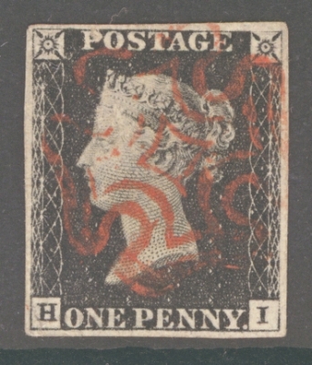 1840 1d Black SG 2 Plate 4 lettered H.I.  A Very Fine Used example with 4 good margins