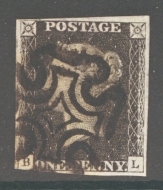 1840 1d Black SG 2 lettered B.L.  A Good Used example with 3½ margins 