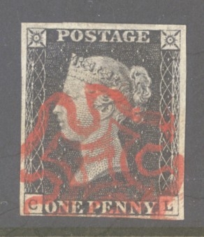 1840 1d Black SG 2 Plate 2 lettered C.L.  A Superb Used example with 4 Good to Large Margins cancelled by a Superb Bright Red M/X