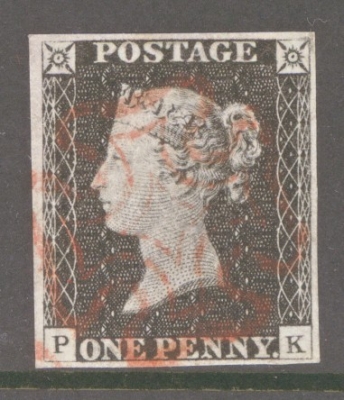 1840 1d Grey Black SG 3 Plate 2 lettered P.K.  A Very Fine Used example with 4 Good Margins Lightly cancelled by a Red M/X