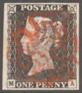 1840 1d Grey Black SG 3 Plate 2 lettered M.A.  A Very Fine Used example with 4 Large Margins neatly cancelled by a Complete Upright  Red M/X.