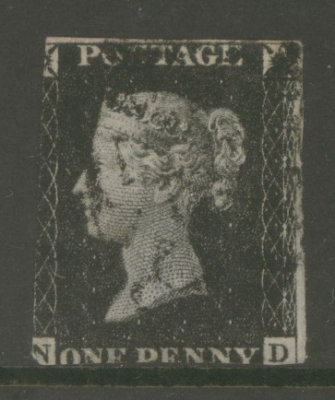 1840 1d Intense Black SG 1  lettered N.D.  A Used example cancelled by a Black M/X.