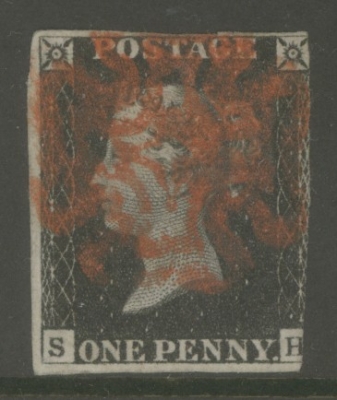 1840 1d Intense Black SG 1 Plate 1b lettered S.H.  A Very Fine Used example with 3 Good Margins cancelled by a Bright Re…