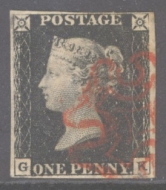 1840 1d Intense Black SG 1 Plate 4 lettered G.K.  A Very Fine Used example with 4 Clear to Large Margins neatly cancelled by a crisp Red M/X