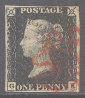 1840 1d Intense Black SG 1 Plate 4 lettered G.K.  A Very Fine Used example with 4 Clear to Large Margins neatly cancelled by a crisp Red M/X