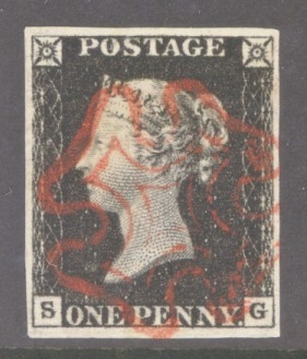1840 1d Intense Black SG 1 Plate 4 lettered S.G.  A Superb Used example with Extra Deep Colour and 4 Even Margins cancelled by a Superb Red M/X.