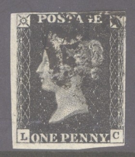 1840 1d Intense Black SG 1 Plate 8 lettered L.C.  A Very Fine Used example with 4 Good to Extra Large Margins cancelled by a Black M/X. Cat £625