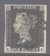 1840 1d Intense Black SG 1 Plate 9 lettered K.E.  A Very Fine Used example with 4 Good Margins cancelled by a Black M/X. Cat £625
