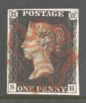 1840 1d Intense Black SG 1 Plate 9 lettered S.H.  A Very Fine Used example with 4 Good to Large Margins Neatly cancelled by a Crisp Red M/X. Cat £625