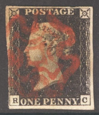 1840 1d Intense Black SG 1 Plate 1b lettered R.C.  A Very Fine Used example with 4 clear to large margins