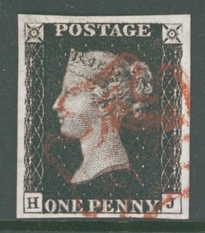 1840 1d Intense Black SG 1 Plate 2 lettered H.J.  A Superb Used example with 4 Extra Large Margins