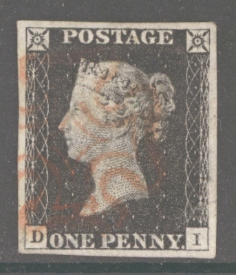 1840 1d Black SG 2 lettered D.I.  A Very Fine Used example with 4 margins