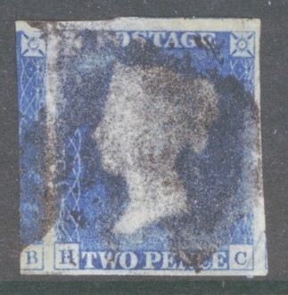 1840 2d Pale Blue SG 6 lettered H.C.  A Large 4 Margin example cancelled by a smudgy Black M/X,  small corner crease.