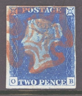 1840 2d Blue SG 5 Plate 1 lettered O.B.  A Very Fine Used example with 4 clear to large margins