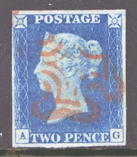 1840 2d Blue SG 5 Plate 1 lettered A.G.  A Very Fine Used example with 4 Good margins