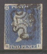 1840 2d Pale Blue SG 6 Plate 1  lettered R.I.  A Fine Used example with 3½ Margins cancelled by a Black M/X. Cat £1,100