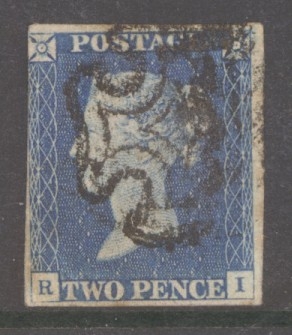 1840 2d Pale Blue SG 6 Plate 1  lettered R.I.  A Fine Used example with 3½ Margins cancelled by a Black M/X. Cat £1,10…