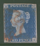 1840 2d Pale Blue SG 6 Plate1 lettered I.I.  A Very Fine Used example with 4 Good Even Margins neatly cancelled by a Red M/X. Cat £1,100