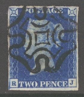 1840 2d Deep Blue SG 4 Plate 2 lettered R.J.  A Superb Used example with 4 Good margins 