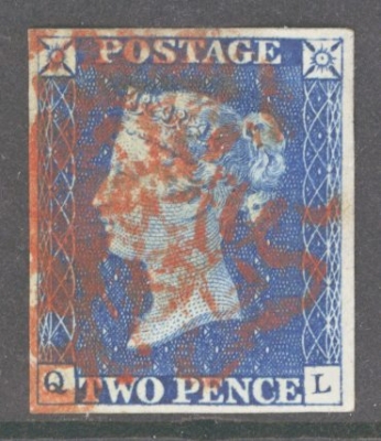 1840 2d Blue SG 5 Plate 1  Lettered Q.L  Fine Used Cancelled by a red M/X
