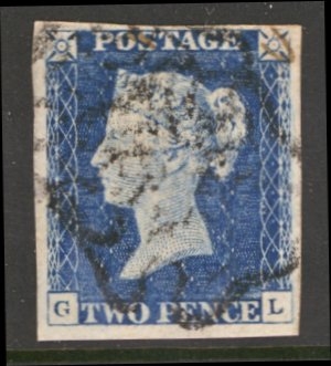 1840 2d Pale Blue SG 6 Plate 1 Lettered G.L. A Very Fine Used example with 4 Good to Extra Large margins Lightly cancelled by a Black M/X