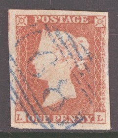 1841 1d Red cancelled by a Blue numeral L.L. SG 8p  A Very Fine Used example with 4 Large Margins
