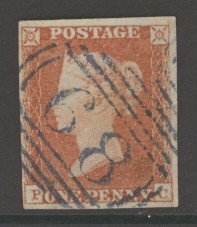 1841 1d Red cancelled by a Blue numeral P.C. SG 8p  A Very Fine Used example with 4 Good - Large Margins