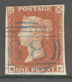 1841 1d Red cancelled by a Blue numeral SG 8p  A Very Fine Used example with 4 Margins