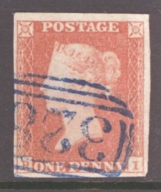 1841 1d Red cancelled by a Blue numeral R.I. SG 8p  A Very Fine Used example with 4 Good - Large Margins