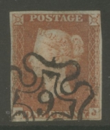 1841 1d Red cancelled by a 9 in Maltese cross SG 8m B.J. 