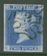1841 2d Blue Cancelled by a 2 in Maltese Cross SG 14f   A Very Fine Used example neatly cancelled with 4 Clear to Large Margins. Cat £700