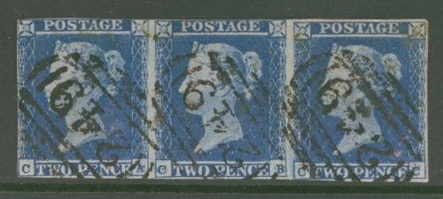 1841 2d Blue SG 14  Pl 1   A Fine Used strip of 3 with clear Margins