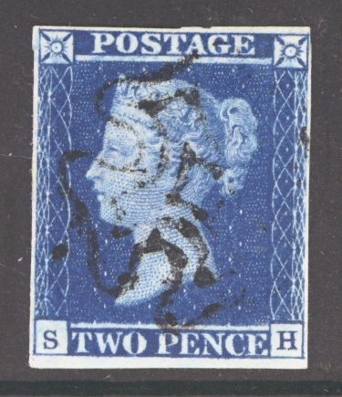 1841 2d Blue SG 14 Plate3 lettered S.H.  A very fine used example with 4 good margins Black m/x by Black M/X