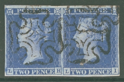 1841 2d Blue SG 14 Plate 3  A Very Fine Used pair with 4 margins and black m/x margins
