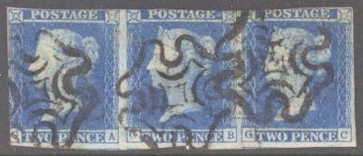 1841 2d Blue SG 14  Pl 1   A Fine Used strip of 3 with clear Margins