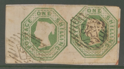1847 1/- Deep Green SG 56  A Fine Lightly Used Marginal Pair with Good margins  on piece, small faults including light creasing. Cat £2000