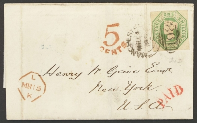 1847 1/- Green SG 55 Fine Used cut square on neat cover to New York