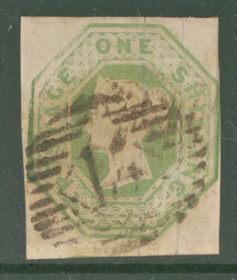 1847 1/- Green SG 55 A Fine Used example with 3 Margins, 4th touching. 