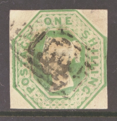 1847 1/- Green SG 55 A Good - Fine Used example cut square. Cat £1000