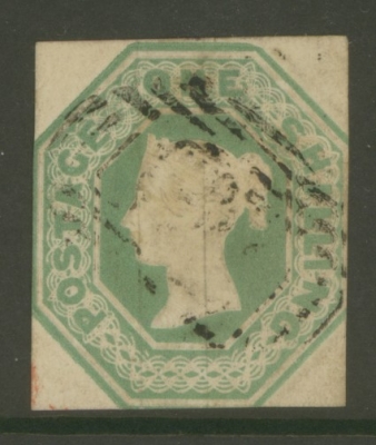 1847 1/- Green SG 55 A Fine Used example cut square. Cat £1000