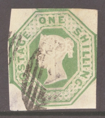 1847 1/- Green SG 55 A Fine Used example with 3 Margins, 4th touching. 