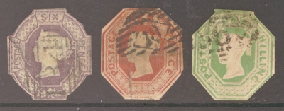 1847 6d + 10d + 1/- Embossed Set of 3  Cut to Shape