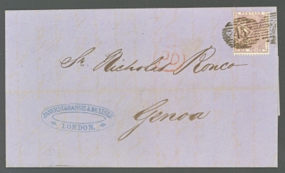 1855 6d Lilac SG 70 on letter from London to Genova Italy