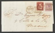 1855 6d Lilac SG 70 + 1d Rose Red on entire from Glasgow to Madrid 