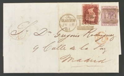 1855 6d Lilac SG 70 + 1d Rose Red on entire from Glasgow to Madrid 