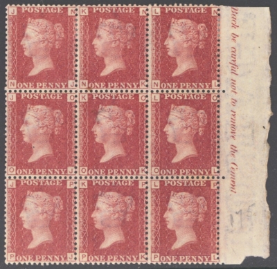 1858 1d Red SG 43 plate 175 A Fresh Mint Marginal Block of 9 with part inscription. Some light gum wrinkles as usual. 6 stamps U/M